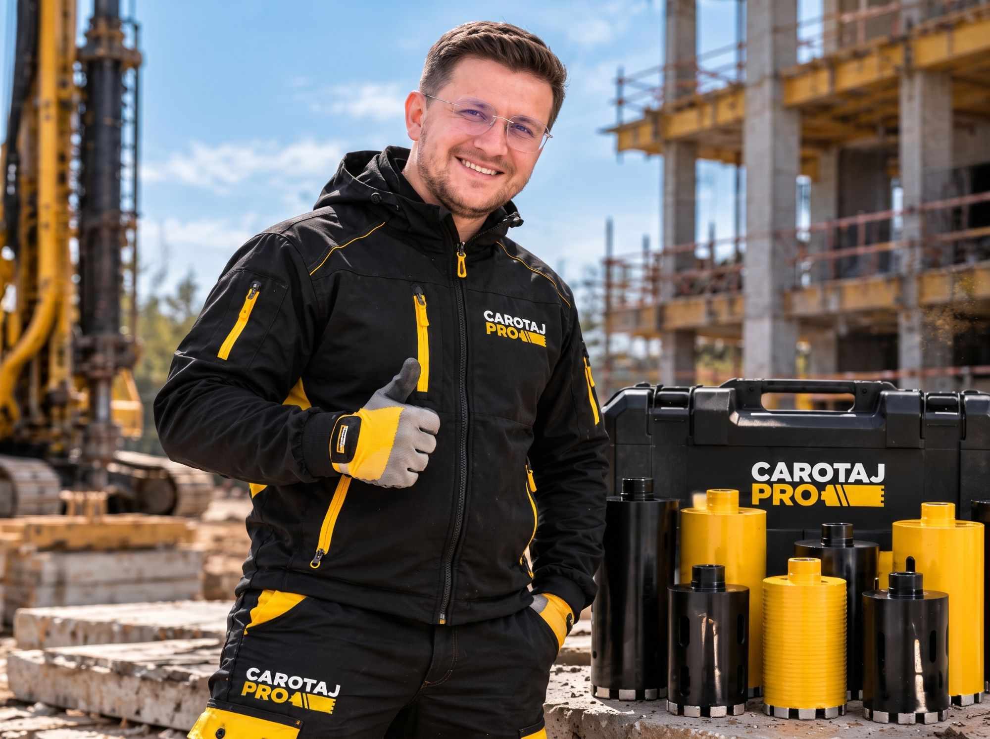 Andrei, administratorul Carotaj PRO, pe șantier lângă coroanele diamantate